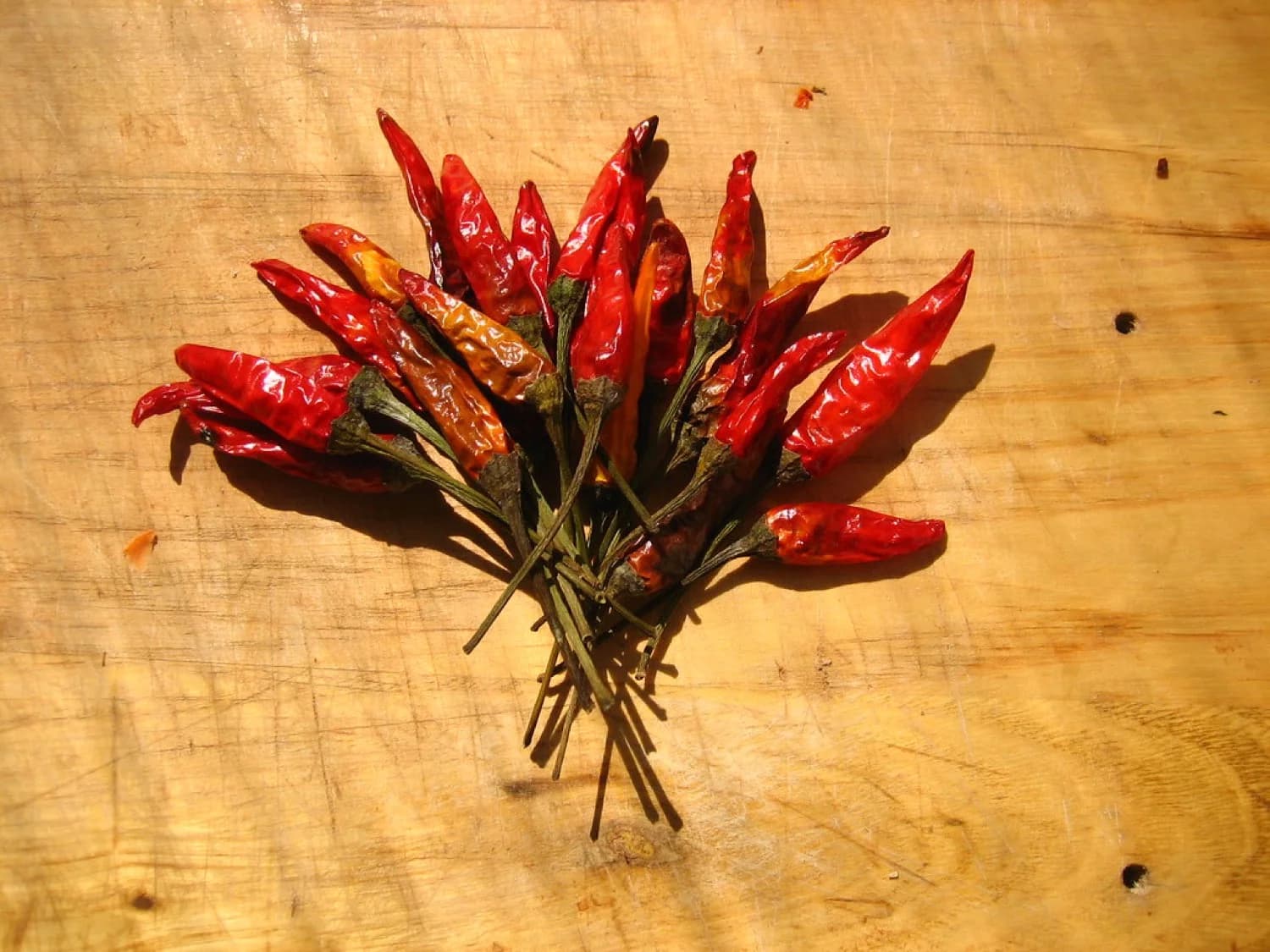 Chiles secos de distintas formas sobre el metate
