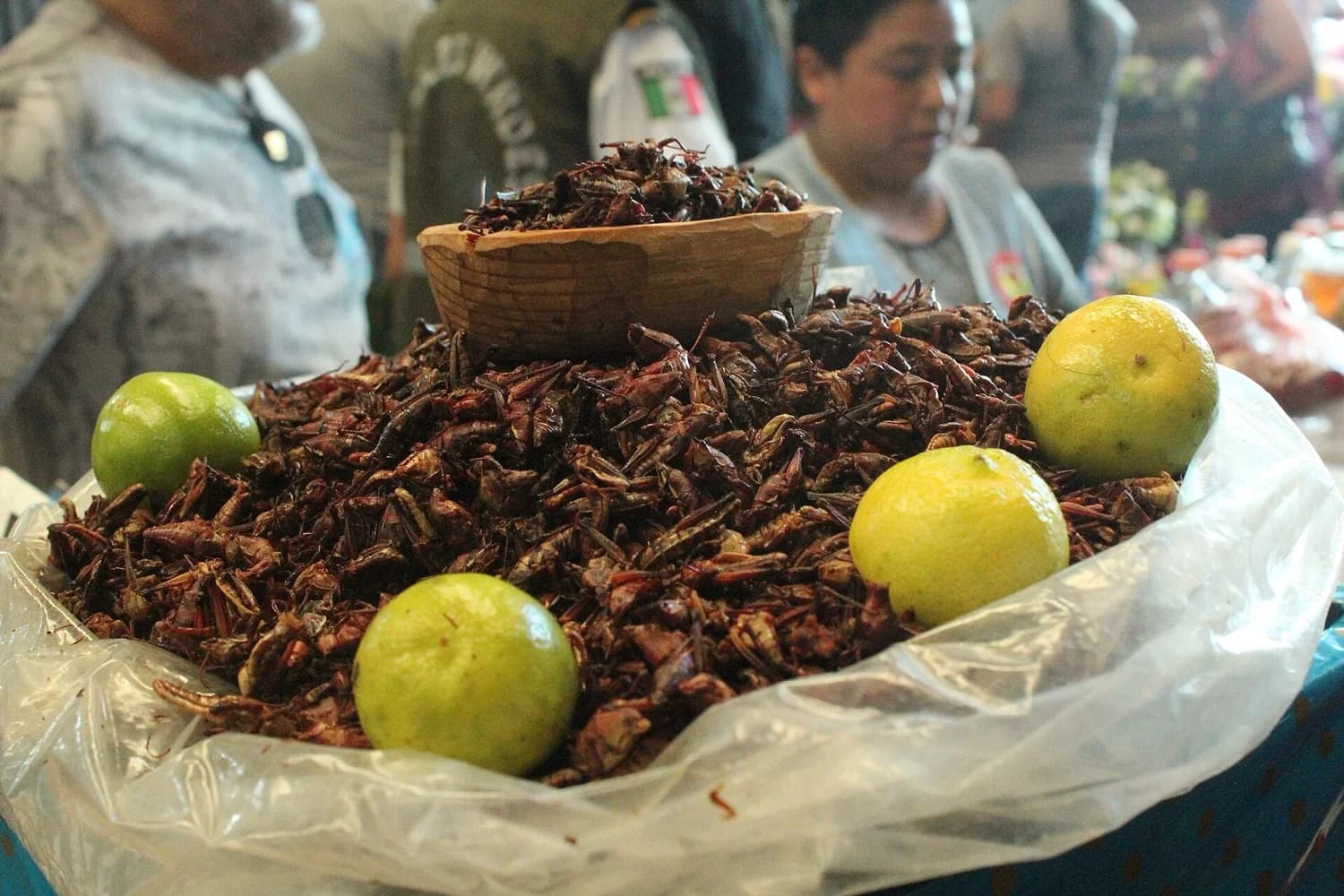 Canastos de chapulines de distintos tamaños en el mercado de Oaxaca