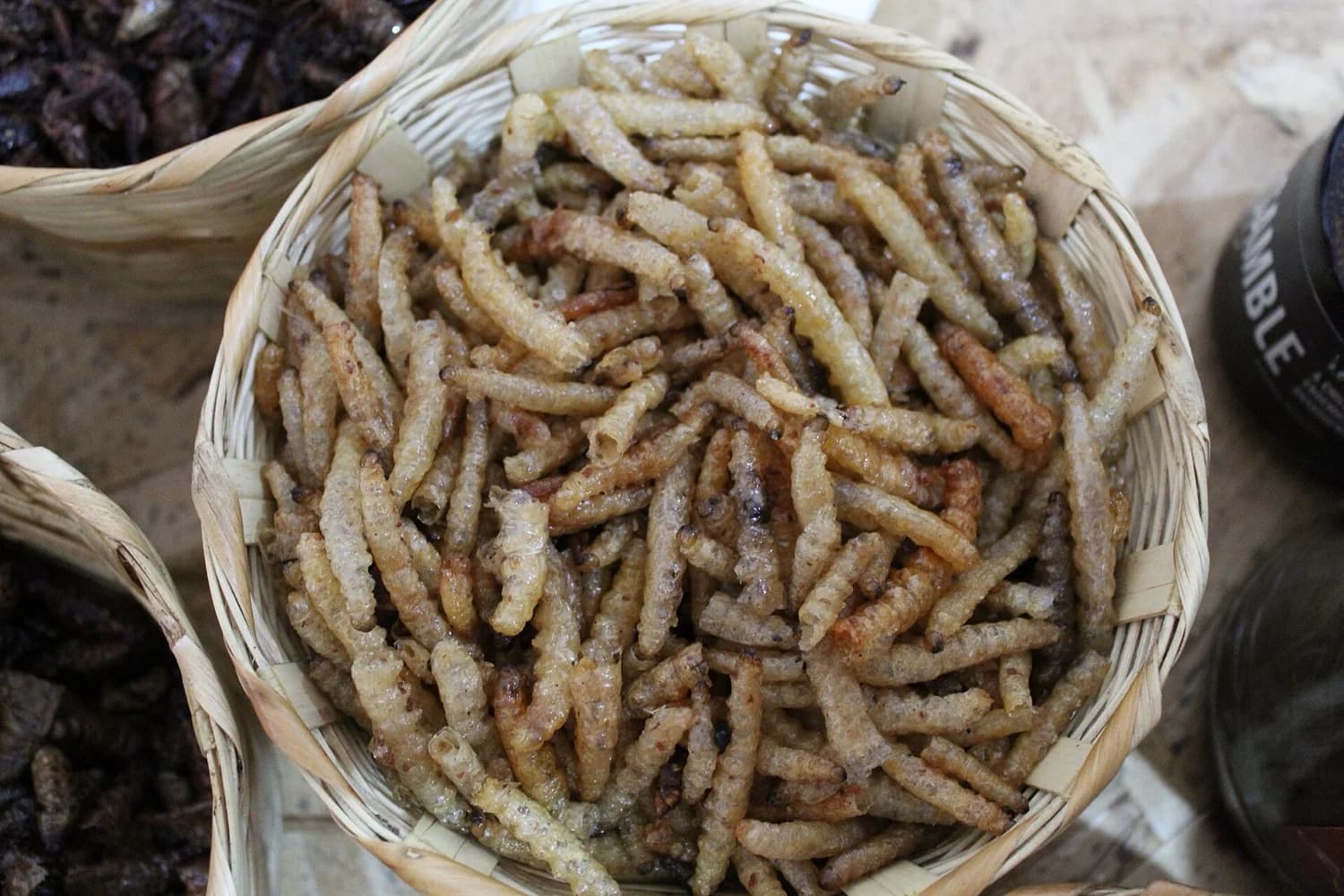 Gusanos de maguey rojos asándose junto a chiles secos sobre un comal
